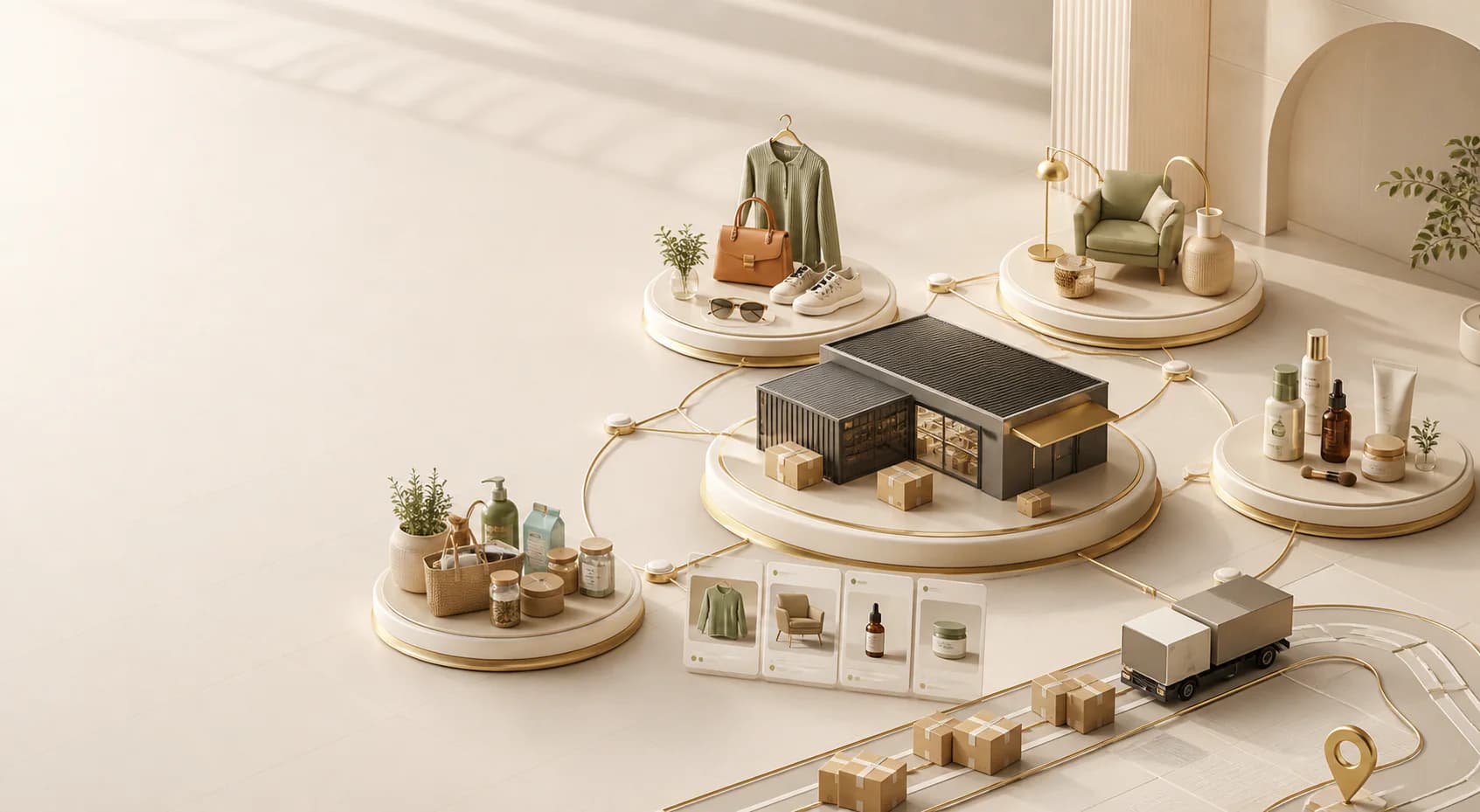 Connected product categories, fulfillment hub, and delivery network