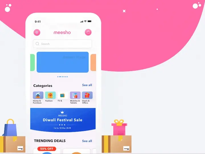 Animated Meesho shopping interface